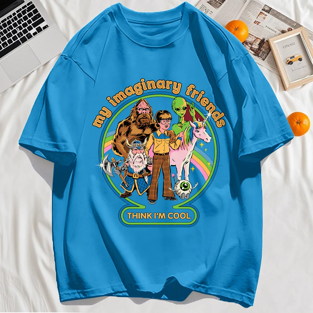Meine imaginäre Freunde denken, ich bin cool bedruckte Herren-T-Shirts aus Baumwolle, lässiges Oversize-T-Shirt, Rundhalsausschnitt, Streetwear, Unisex, lockere Oberteile