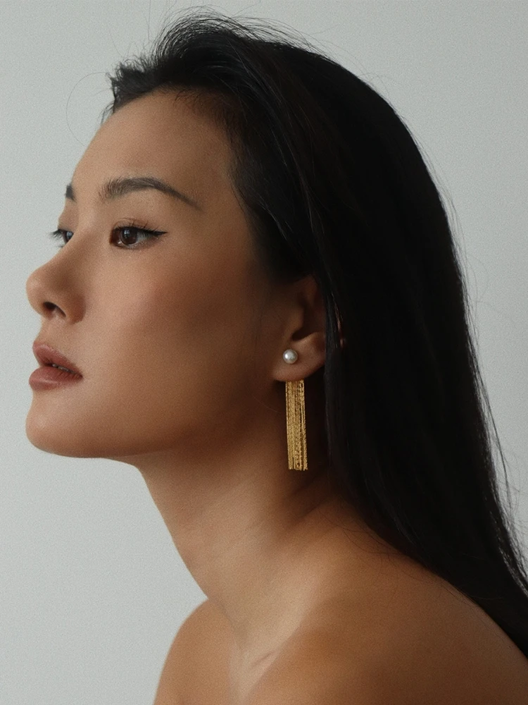 14K Gold Filled Gold Long Tessal Real Pearl Earrings Women Jewelry Party Boho T Show Gown Runway Rare Korean Japan Trendy