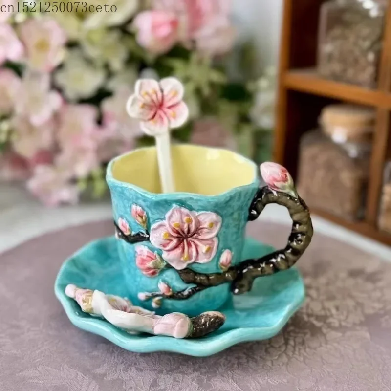 200mlHand Drawn Underglaze Colored Coffee Cup Dish Set Creative Coffee Exquisite Mug Black Tea Cup Sunflower Flower Art Gift