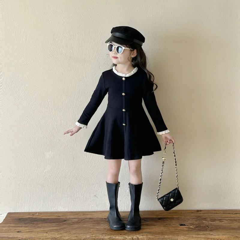 

Girls Hepburn style long sleeve little black dress2025Autumn New Style Girl Korean High-End Princess Dress Birthday Dress Gown