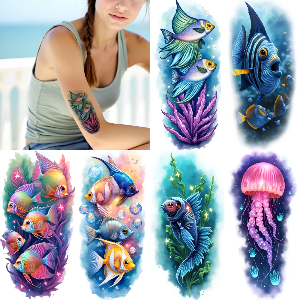 

12pcs Temporary Tattoo Realistic Temporary Tattoos Colorful Fish Angelfish Swordfish For Shoulders Thighs Women