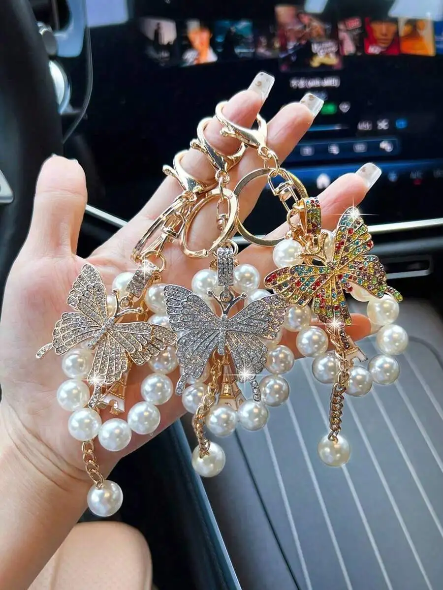 1pc Fashionable Luxurious Exaggerated Faux Pearl & Rhinestone Butterfly Keychain,Fashion Key Chain For Women Gift Purse Bag Hand