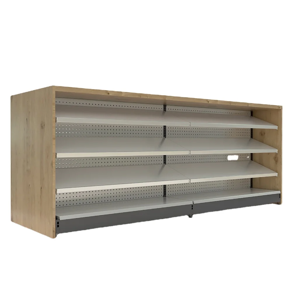 American Style Supermarket Store Wooden Metal Cashier Desk with Display Shelf