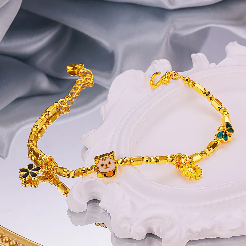 Niche design sense au9999 gold enamel Kitten Sun Flower Bracelet 24K real gold Cute animal Flower bracelet for women