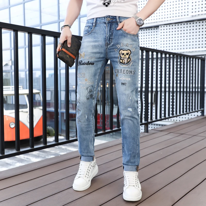 

Ele Embroidered Slim Fit Jeans Men's Summer Thin Hole Casual Long Pants Faionable Bear Pattern Cotton Stretch Denim