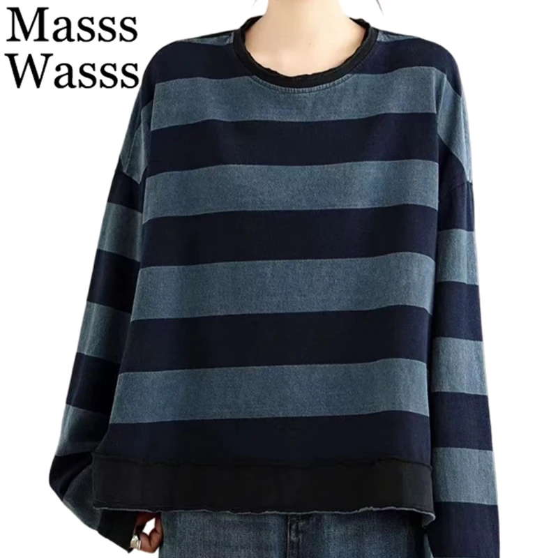 

Masss Wasss Korean Winter Fashion Striped Clothes Womens Casual T-shirts Ladies Loose Classic Vintage Design O Neck Cotton Tops