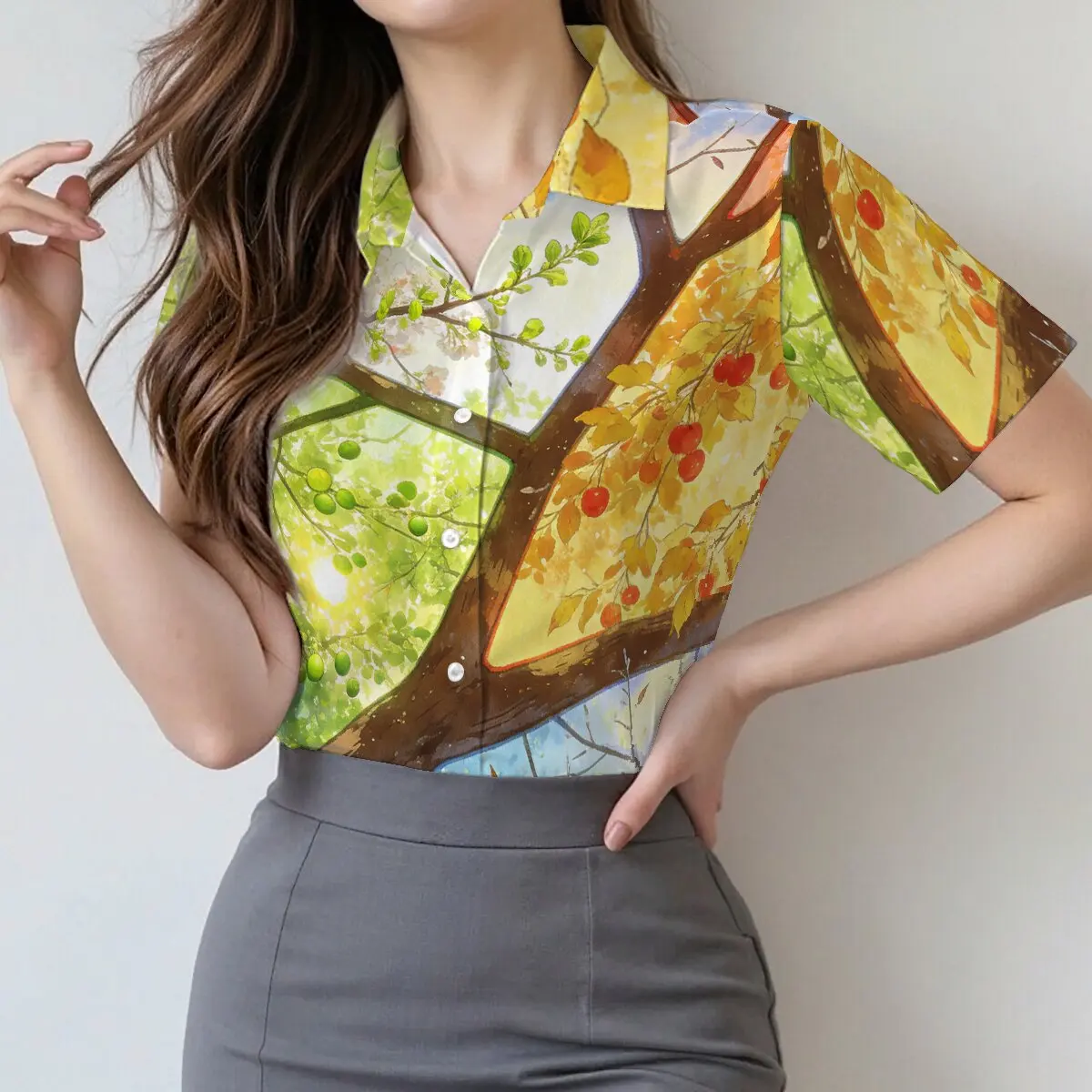 

Minimalist and Personalized Four Seasons Printed Women's Short sleeved Collar Shirt Summer Fashion Daily Versatile Casual Top