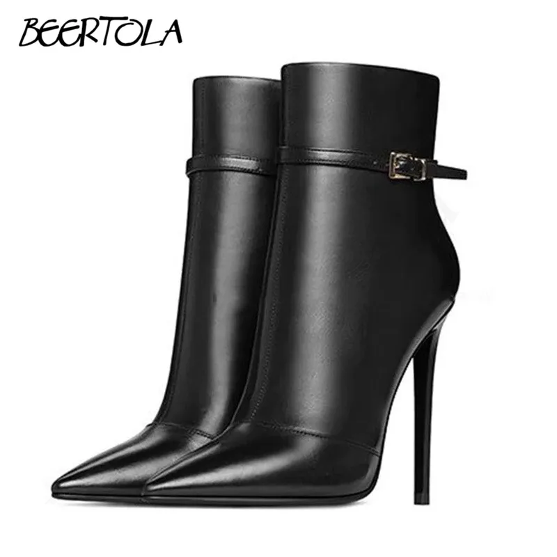 Black Leather Pointed Toe Ankle Boots Stiletto Heels Side Zipper Sexy Boots Metal Buckle Catwalk Large Size Women Boots