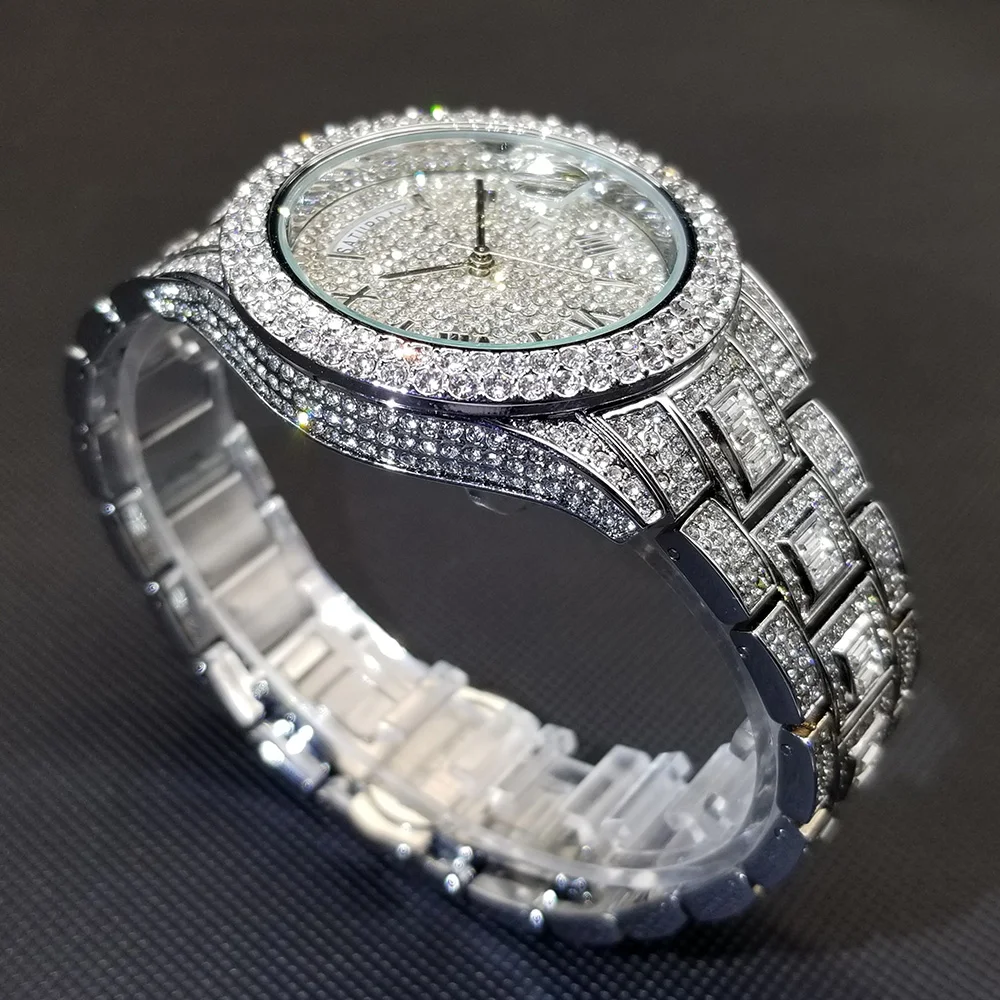 Date Day Diamond Watch For Men Luxury Stainless Steel Street Style Ice Out Wristwatch Hip Hop Silver Bling Waterproof Clock Gift