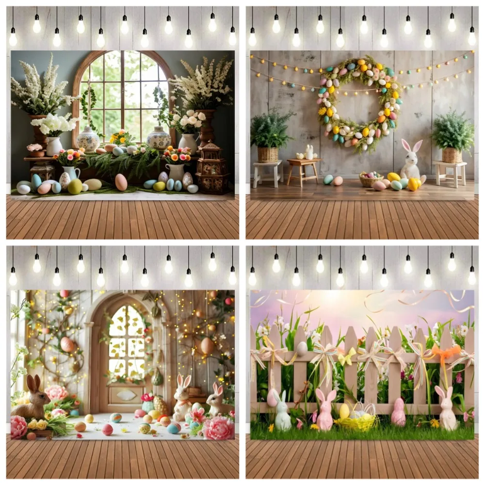 

Happy Easter Photography Background, Cute Rabbit Arch with Spring Flowers, Children's Home Festival Party Photography Background