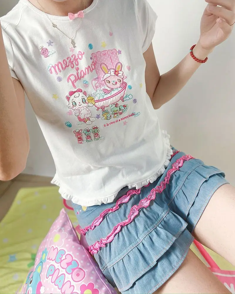 Japońska Słodka Lolita Mini Spódniczka Jeansowa Damska Kawaii Haft Falbanki Tort Spódniczki Letnia Moda Damska Y2K Spódniczki na Imprezę