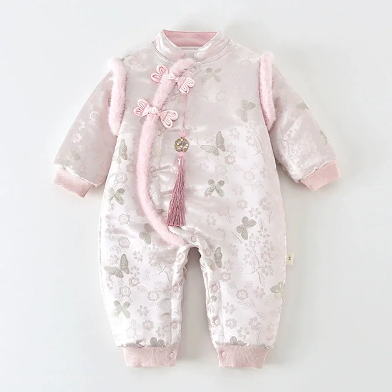 Autumn Winter Romper Newborn Girl Clothes Cute Flowers Pink Chinese Style Warm Thicker Fleece Baby Bodysuits And One-Pieces B553