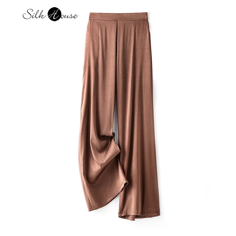 2024 Women\'s Fashion Summer New Chocolate Color 93% Natural Mulberry Silk Elastic Herringbone Pattern Straight Leg Casual Pants