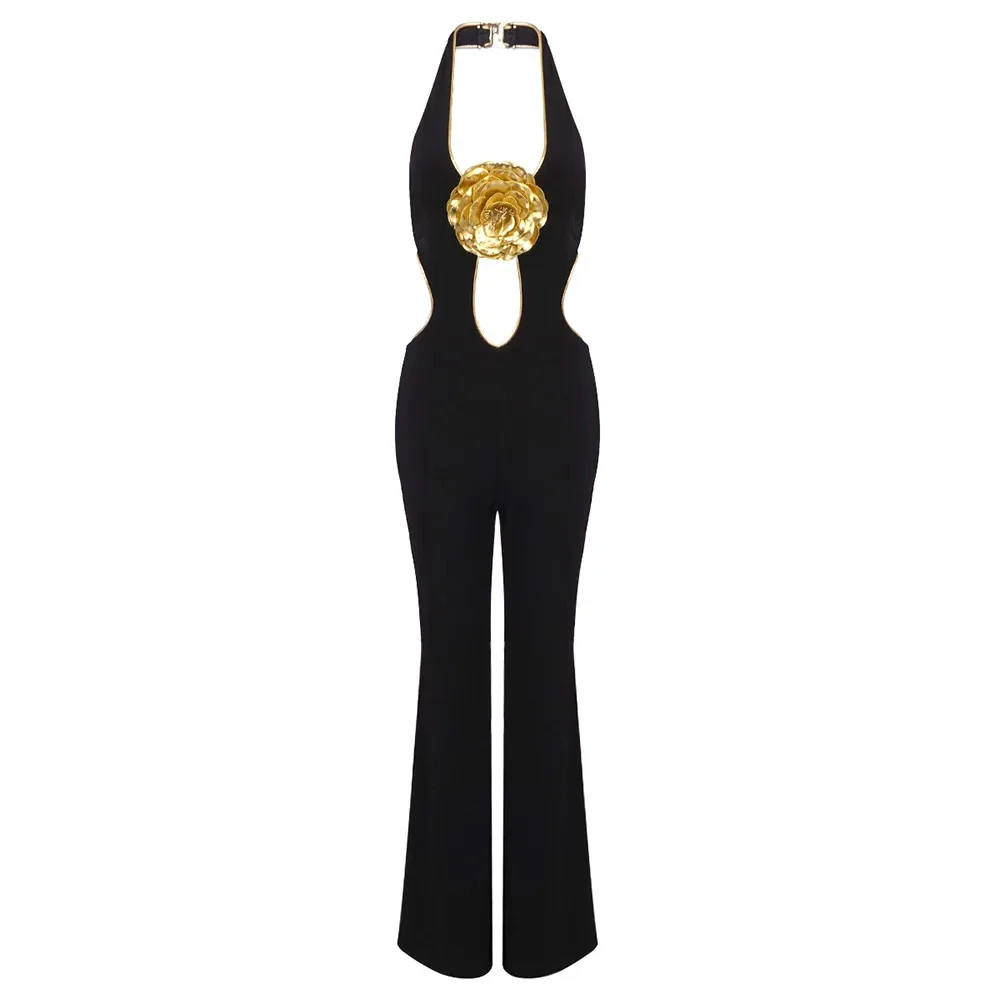 2024 Women Luxury Sexy Key Hole Backless Black Gold Flower Bodycon Jumpsuit Celebrity Designer High Street Rompers