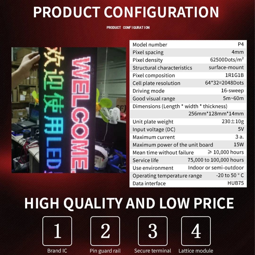 P4 Indoor Full Color LED Display Module 320mm*160mm/256*128mm,80x40/64x32 Pixels 10S/8S with HUB75 Port RGB LED Panel