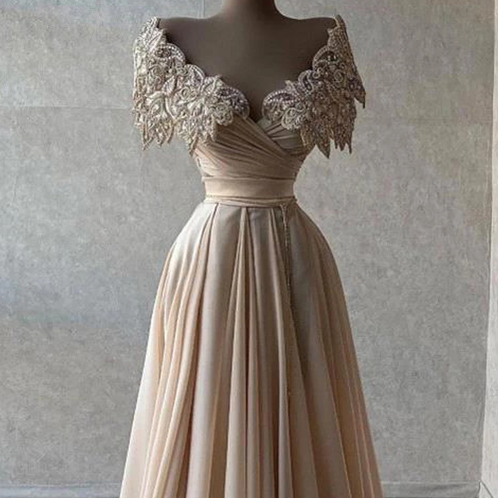 Long Luxury Evening Dresses 2023 Off The Shoulder Sparkly Beaded Crystal Champagne Chiffon Dubai Women Formal Prom Party Gowns