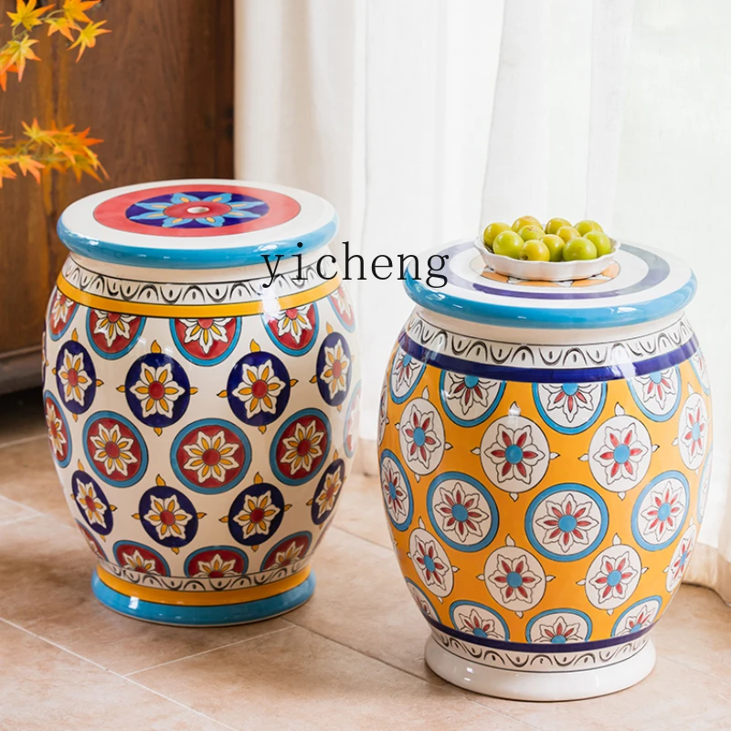 

ZC Porcelain Hand Painted Drum Stool Entry Door Hallway Shoe Changing Stool Living Room Sofa Side Table round Stool