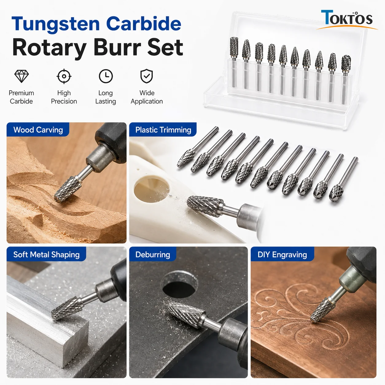 TOKTOS 10PCS 20PCS Tungsten Carbide Rotary Burr Set 2.35mm 3mm Shank for Jewelry Metal Carving Deburring Grinding