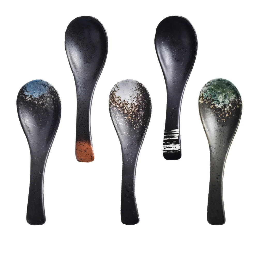 5Pcs Ceramic Spoon Vintage Japanese Style Tableware Soup Spoon Rice Spoon Restaurant Spoon Porridge Spoon Porcelain Spoon