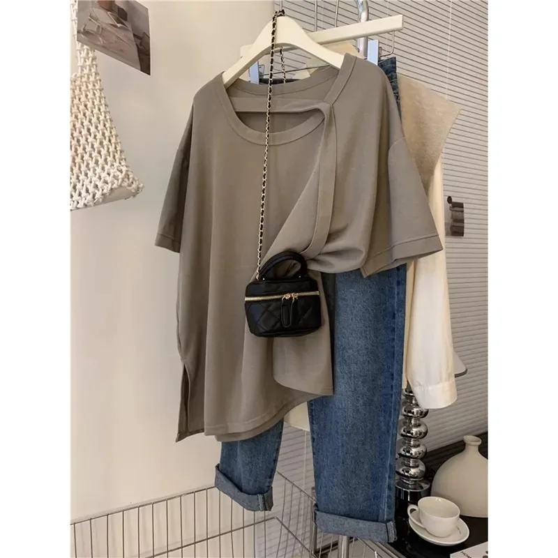 Camiseta de manga corta con cuello en U para mujer, Top holgado y adelgazante que cubre el vientre, Irregular y elegante, para verano