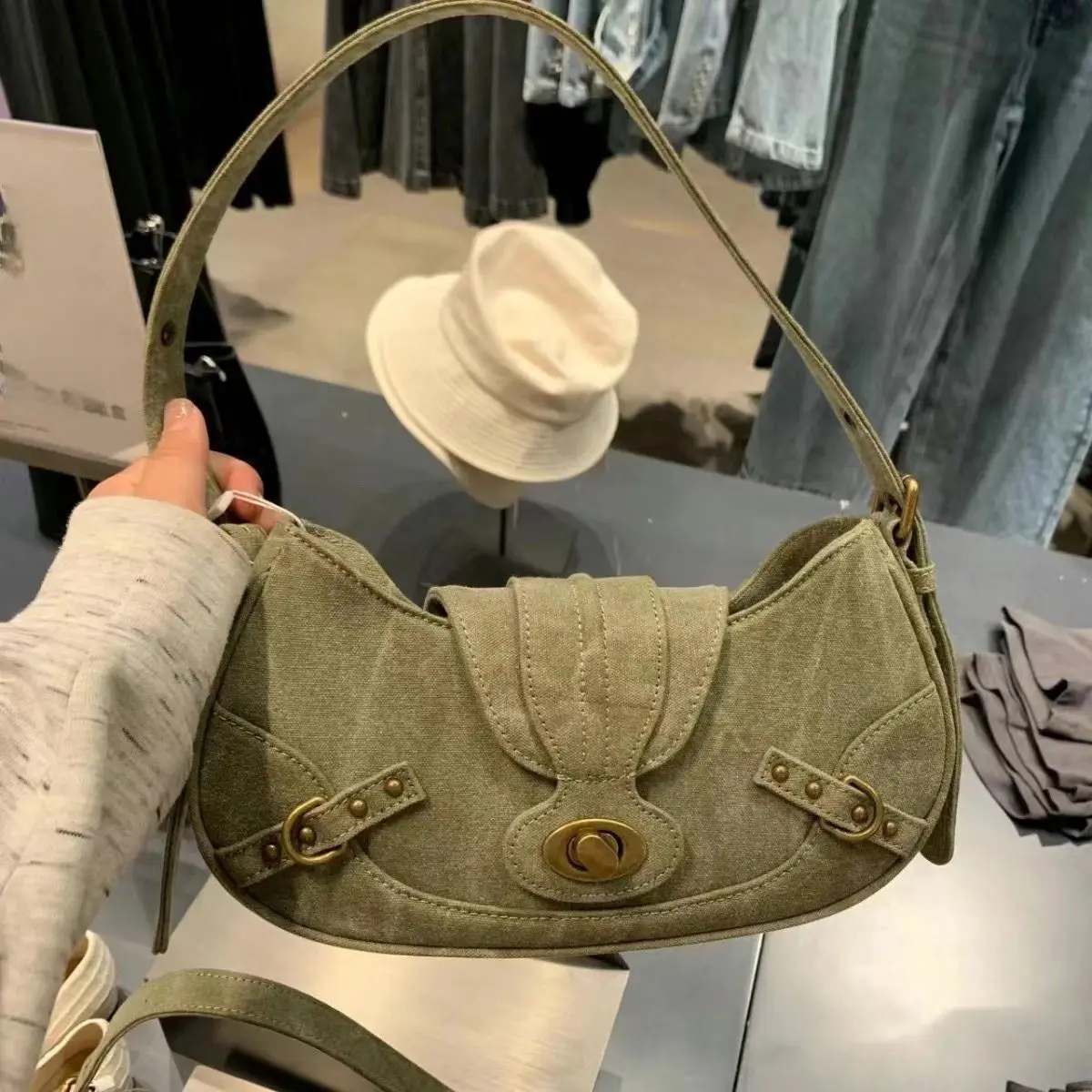 JIAERDI Vintage Rivet Underarm Bag Women Y2k Grunge Hot Girls Zipper Canvas Casual Handbag Ladies Retro Green Shoulder Bag Chic