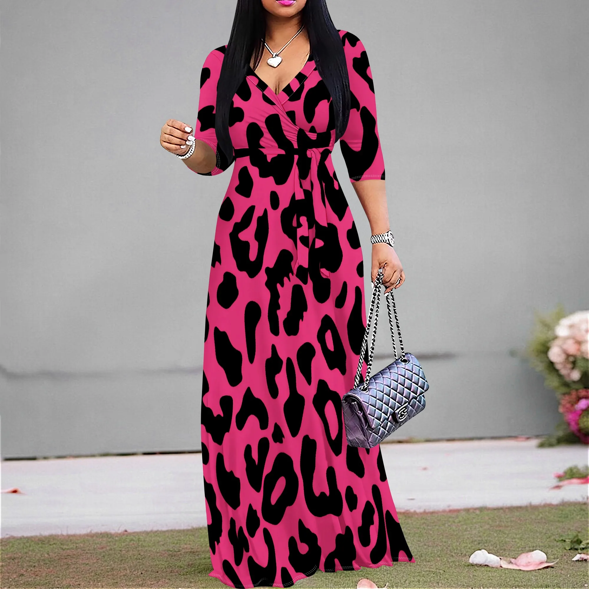 

Vibrant Pink Leopard Print Maxi Dress for Women - V-Neck 3/4 Sleeve Belted A-Line Flowy Summer Party Vacation Dresses S-3XL
