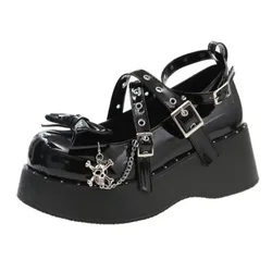 Punk Goth Chunky Platform Pumps Women 2023 Autumn Bowtie Wedges Mary Jane Lolita Shoes Woman Heart Ankle Buckle Black Shoes