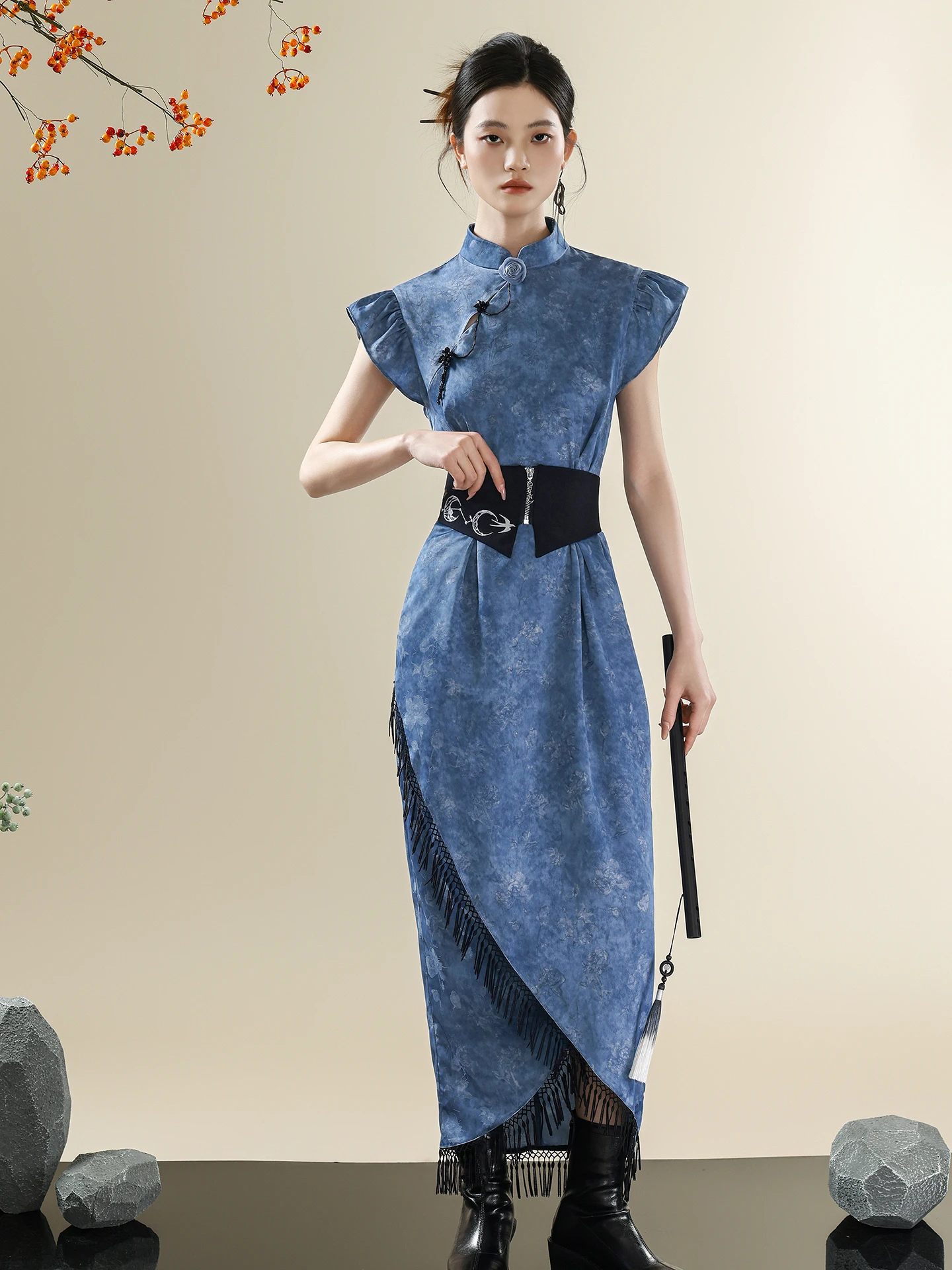 

Blue Dyed Slimming Waist Gown New Chinese Style Stand Collar Short Sleeve mid Length Dress for Women Breathable Floral Pattern