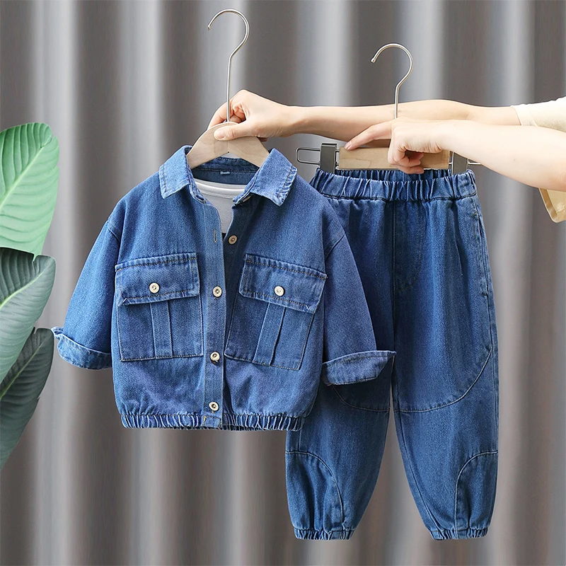 

Children Denim Sets Boys Fashion Turn Down Collar Single Breasted Tops And Jeans Pants Two-piece Casual Kids Clothes Suit