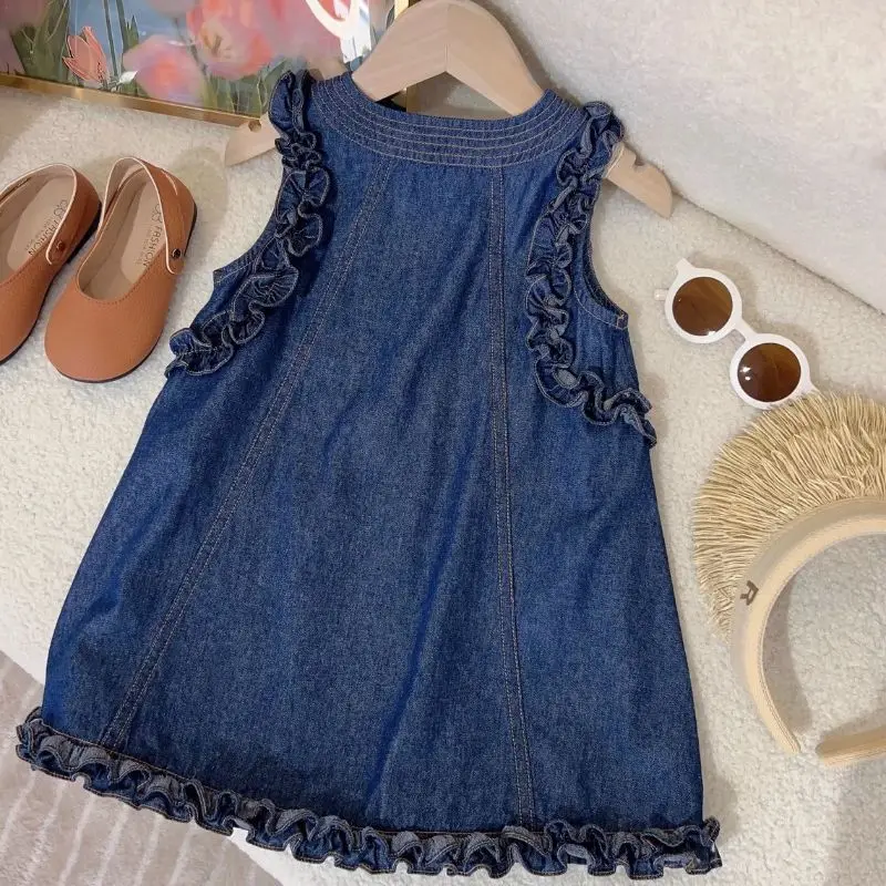 

2024Summer New Lace Sleeve Dress Baby Girl Denim Skirt Children's Summer Breathable Skirt77279