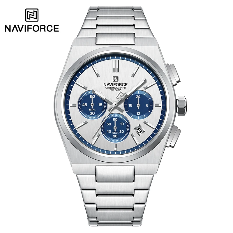NAVIFORCE Luxury Men Watches Steel Strap Quartz Chronograph Wristwatch 30M Waterproof Calendar Display Casual Fashion Man's Gift
