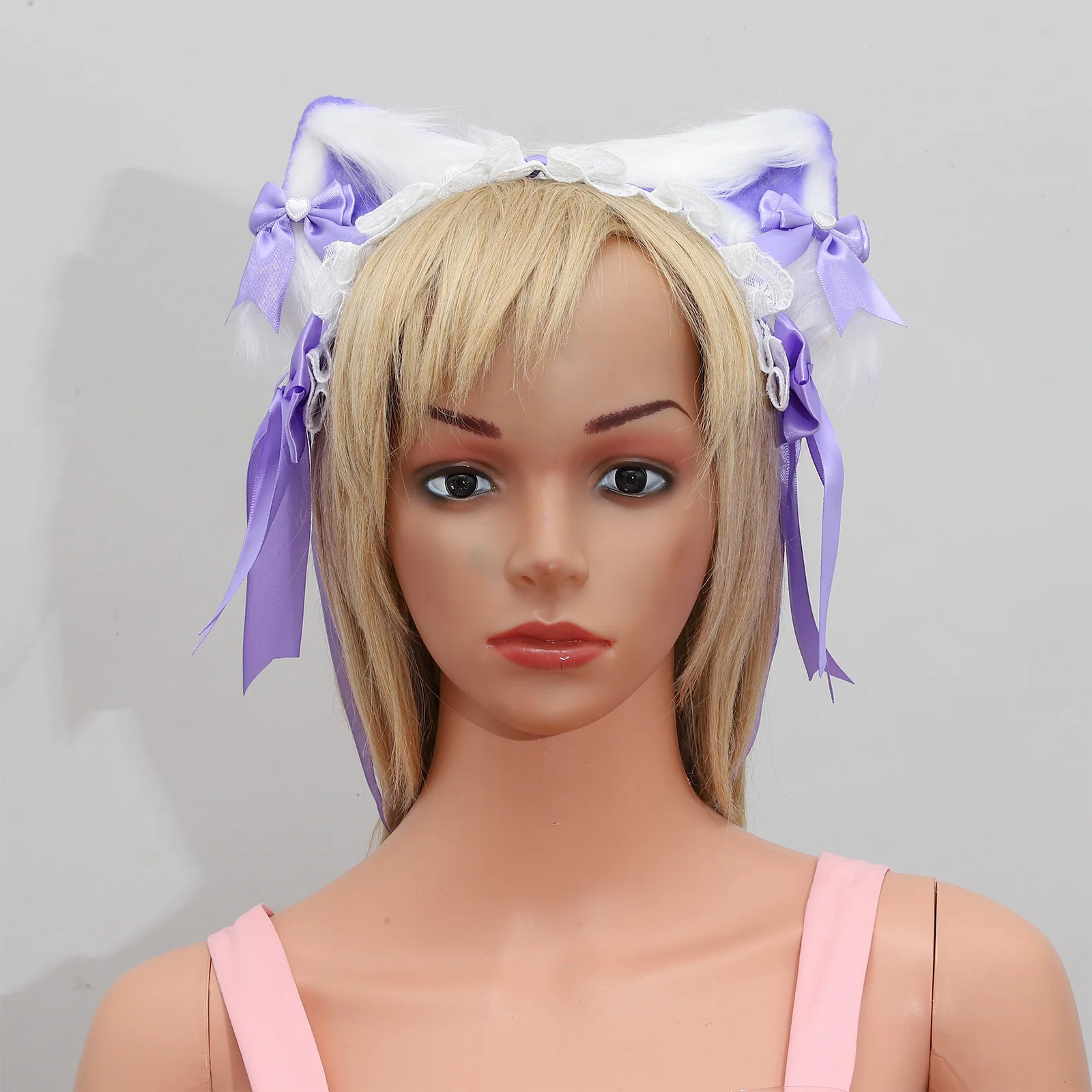 Diadema con orejas de gato Lolita para mujer, cinta de lazo de encaje con volantes, diadema, disfraz de sirvienta, conjunto de accesorios para fiesta de Cosplay