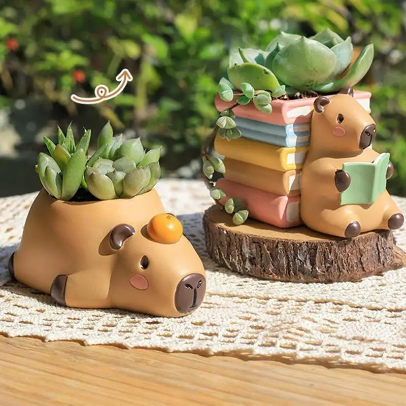 Cute Plant Pots Resin Capybara Figurine Plant Pots with Drainage Cute Animal Flower Pots Statue Sculpture Novelty Planter Desk