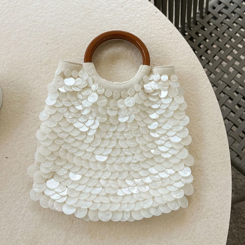 Women White Shell Handbag with Hand Carry Handle and Closure Interior Small Pocket Top Handle Bag for Party Daily Wear