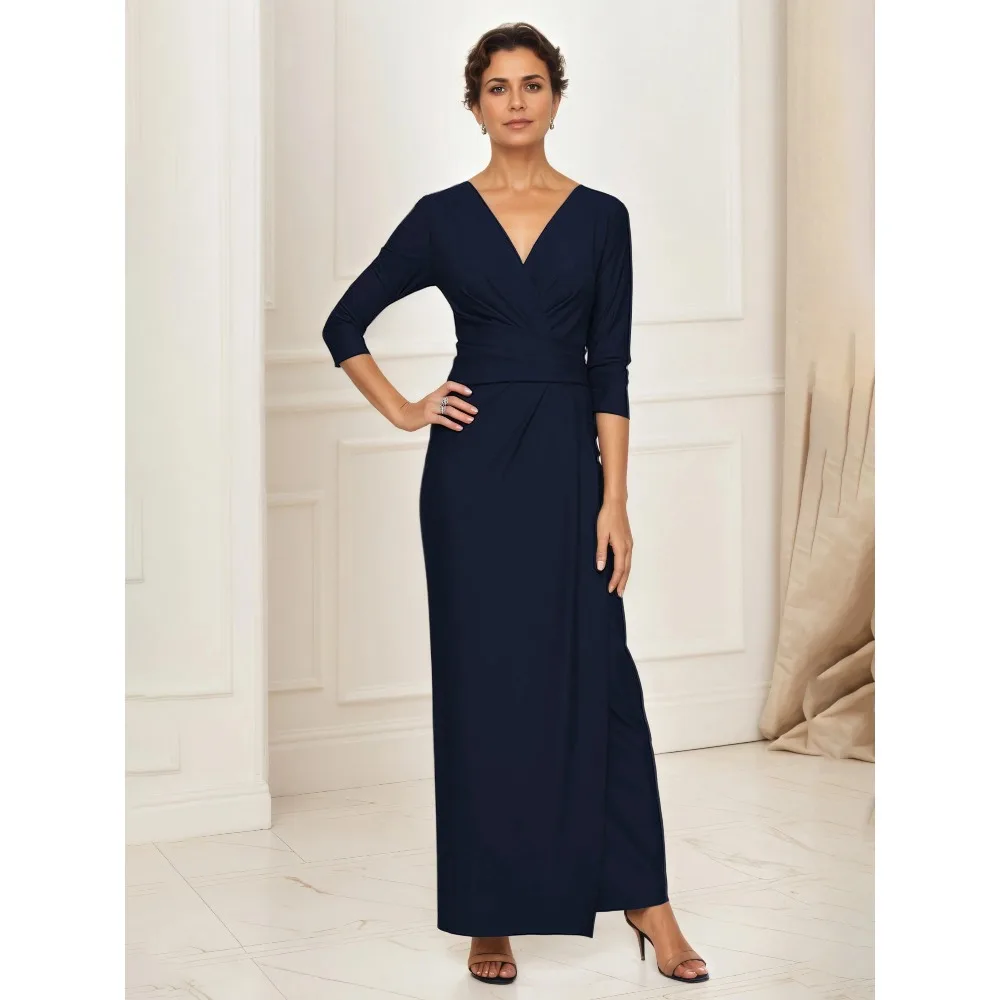 

Customized V Neck Mother of the Birde Dresses 3/4 Sleeves Wedding Party Dress for Evening Pageant Pleated Elegant Women Gowns