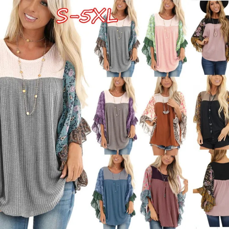 

Новинка 2023 года, женская футболка с вафельными цветными блоками и цветочным принтом, свободный модный топ с рукавами «летучая мышь», простые уличные милые футболки