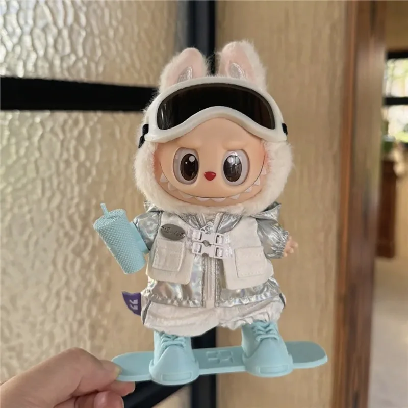 15 17cm para muñeca Labubu deportes al aire libre Snowboard accesorios plata rompevientos láser abrigo tabla de monopatín ropa