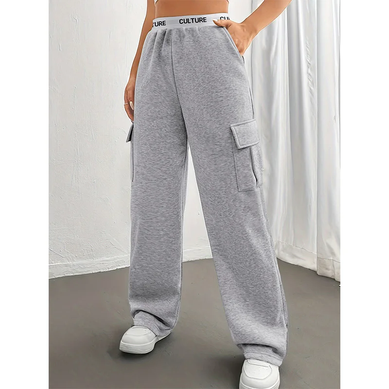 السراويل النسائية بلون حزام العمل السراويل عارضة فضفاض جيوب جانبية المرأة سحب السراويل النسائية الاتجاه الموضة