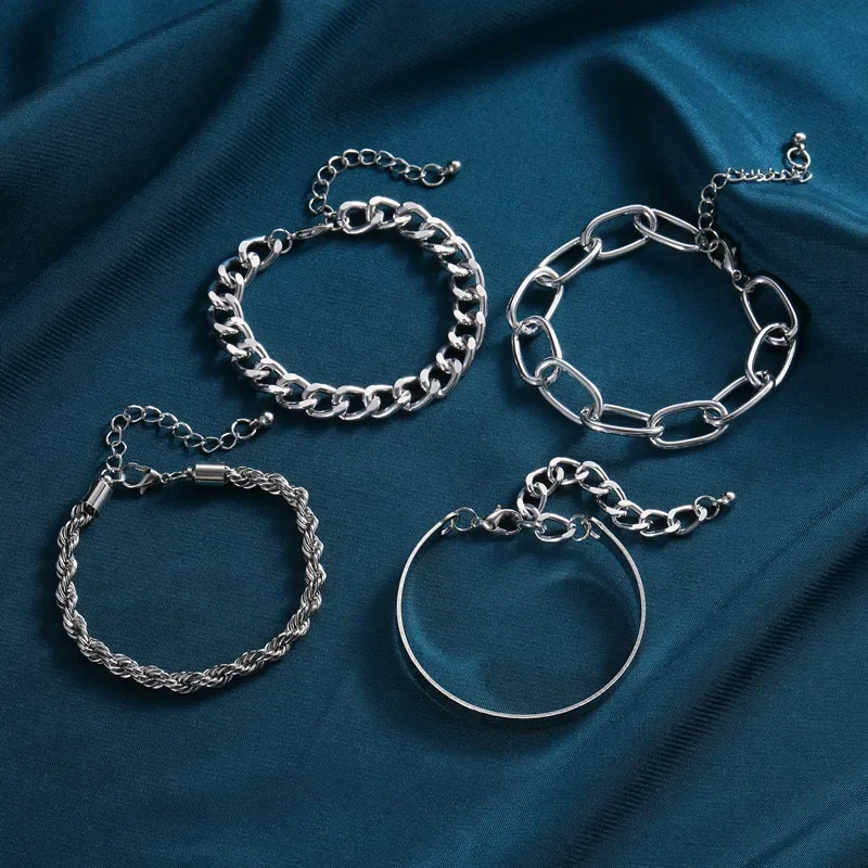 4pcs/set Hiphop Exaggerated Golden Fried Dough Twists Chain Bracelets Fashion Simple Geometric Jewelry Women for Commuting image 6