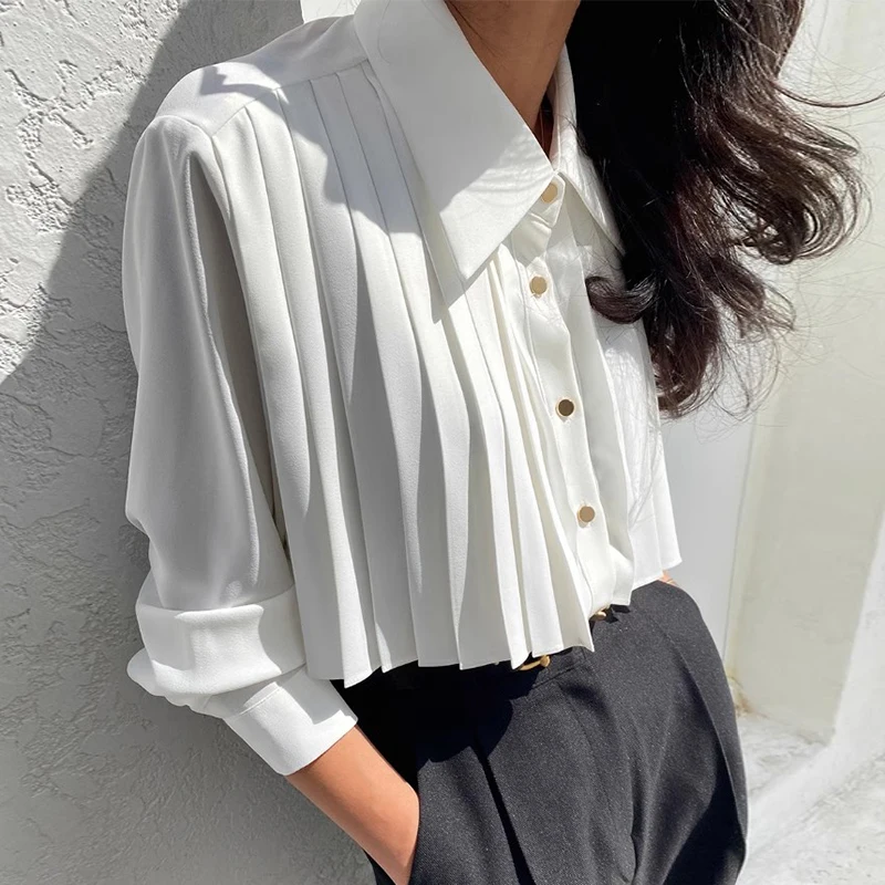 

Chic Vintage Autumn Long Sve irt Women's Loose Fit Button down Heavy Embellied Pred Pleat Design Versatile Casual Top