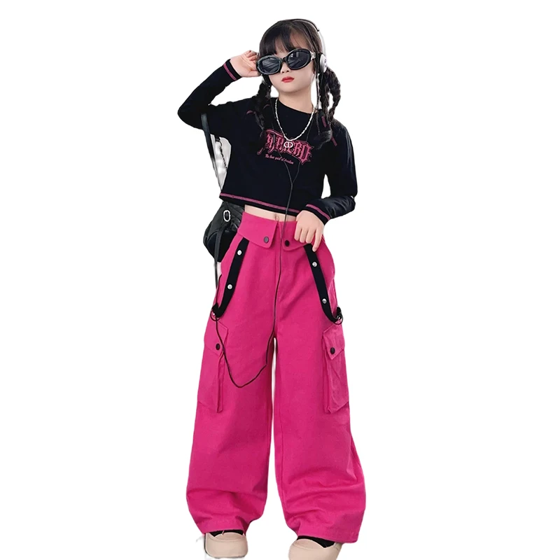 autumn teen girls Street Dance Set cotton t-shirt+pink cargo pants 2pcs junior kids clothes suit child outfits vetement fille 14