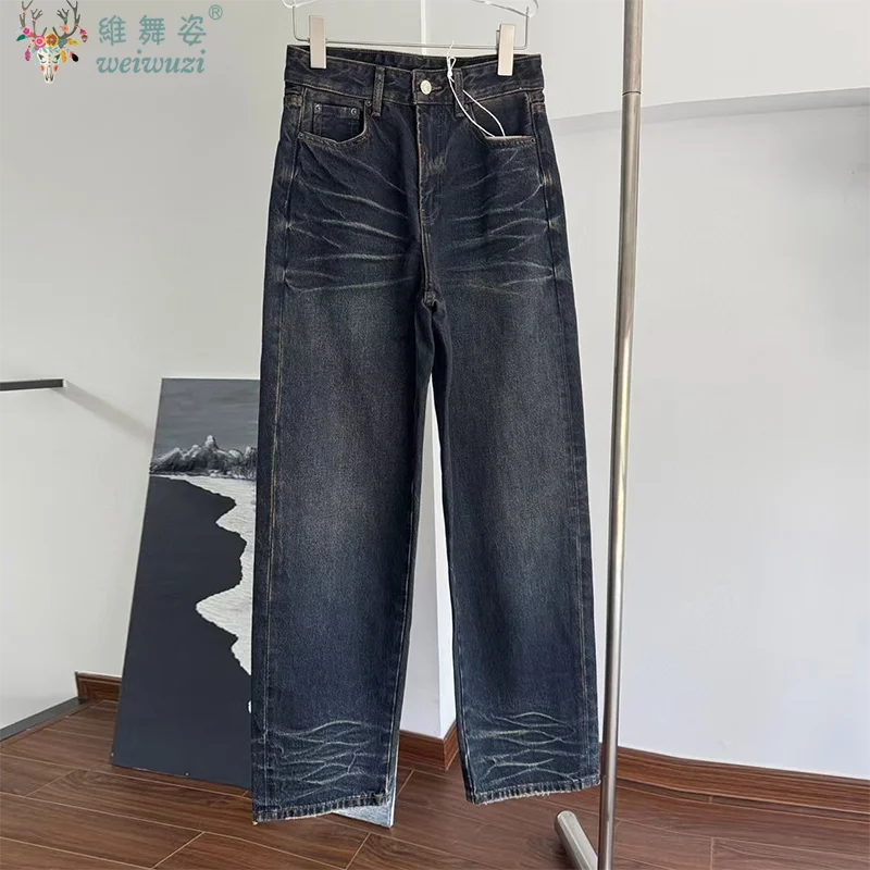 

New Harajuku Y2K Women Jeans Baggy Distressed Denim Pants Casual Rivet LeatherPocket Design Wide-leg Trousers Hip-hop Streetwear