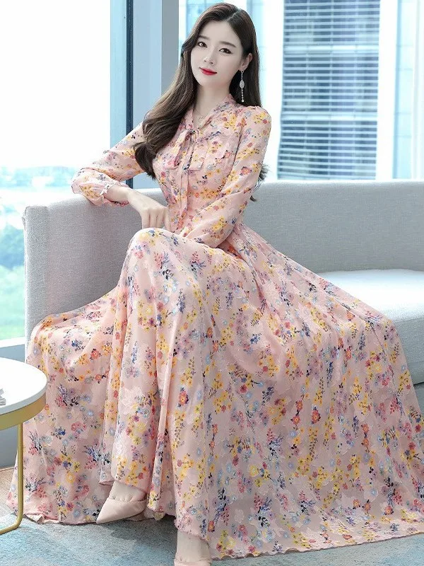 2024 Spring and Autumn New Mom's Dress Beautiful and Generous Slimming Slim Fit, Knee Length Bow V-neck Chiffon Long Dress EYJW