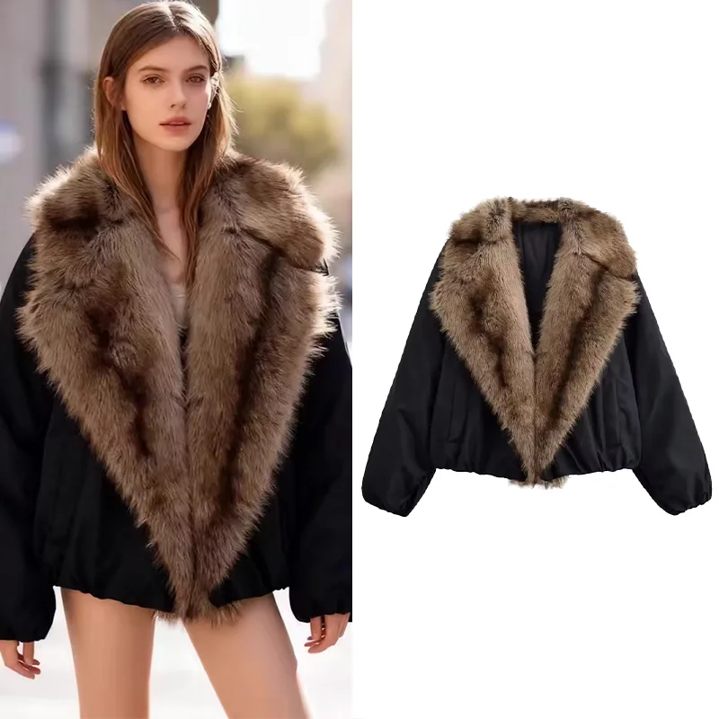 

Women Faux Fur Collar Short Jacket Fashion Spring Autumn Pocket Long Sleeve Lady Coat Female Warm Outerwear Chic Tops