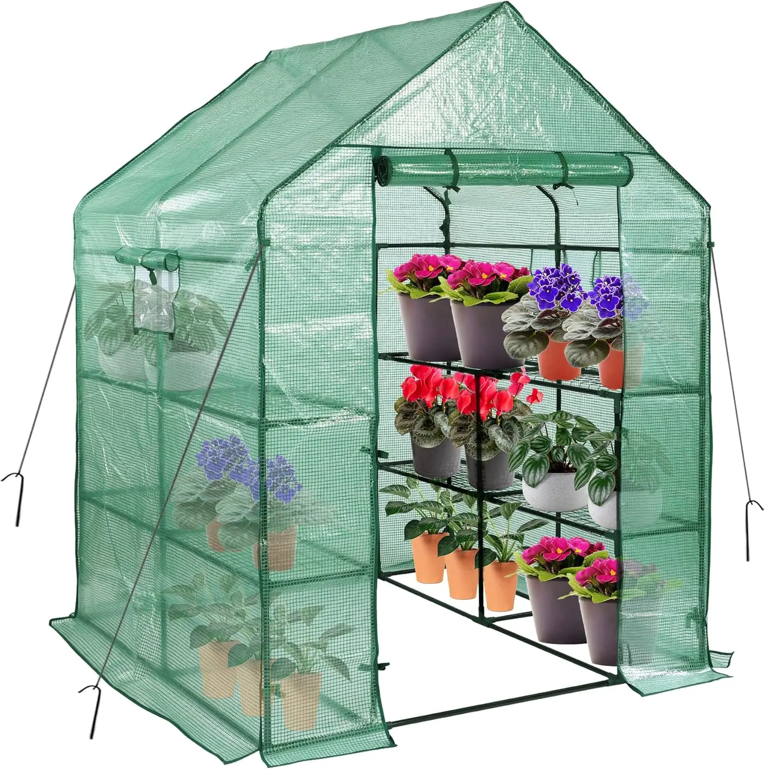 

Greenhouses for Outdoors, PE Walk in Greenhouse with 2 Side Mesh Windows, Portable Green House with Anchors & Ropes Stands