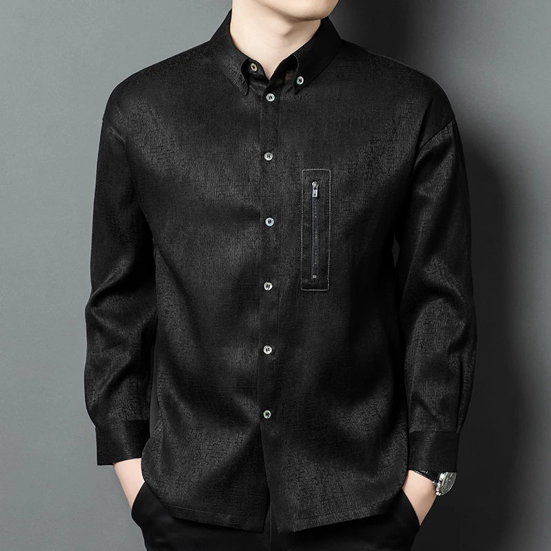 

Luxurious Silk Design Shirts For Men Long Sleeve Zipper Gentleman High Quality Soft Comfortable Anti-Wrinkle Lapel Chemise Homme