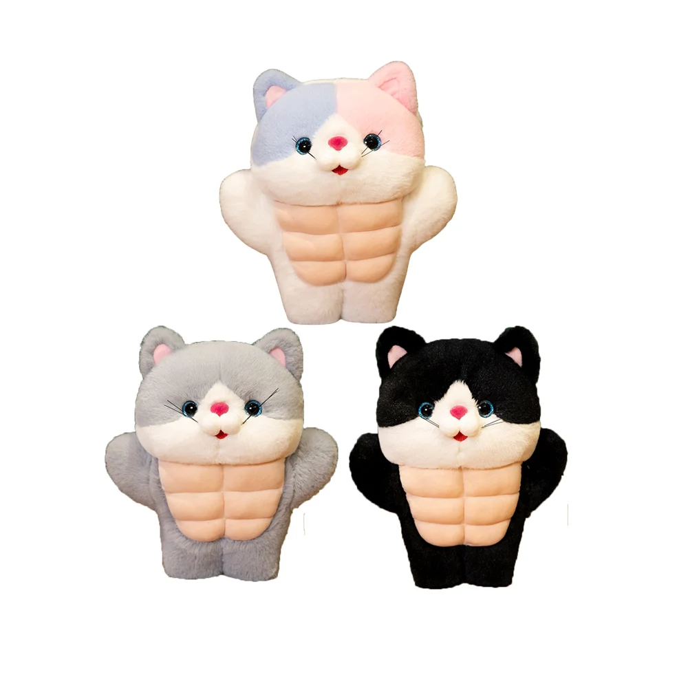 Black Cat Stuffed Animal With Muscles Gym Fitness Body Building Kitty Cat Plush Toys Working Out Grey Cat Soft Dolls Fun Gifts