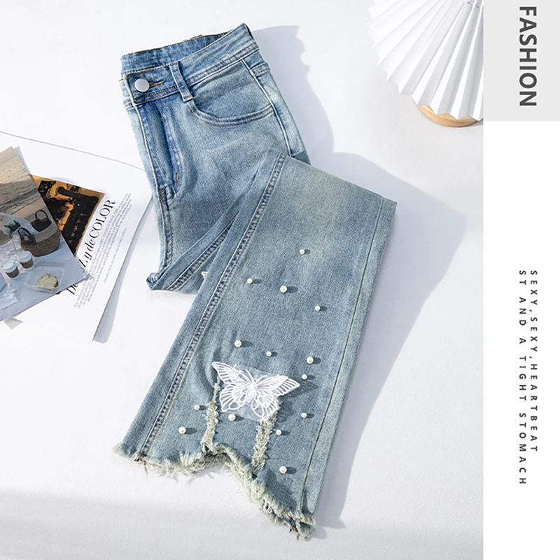 Chic Peal Beading Flared Jeans Women Trendy High Waist Slim Ankle-Length Denim Pants Irregular Tassels Butterfly Lace Blue Jeans