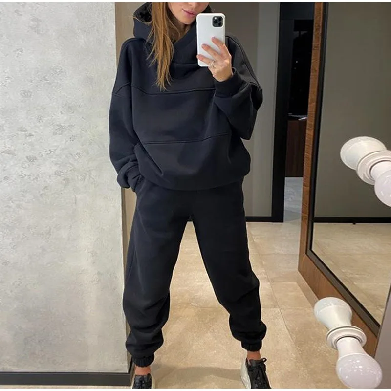 Spring Autumn Lady Hoodie and SweatPant Two Piece Set Solid Color Casual Y2K Sweatshirt and Pant Set Korean Style Y2k Pants