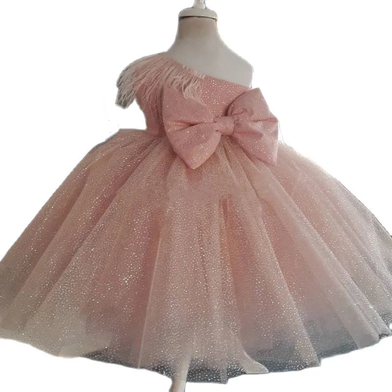 

Pink Princess Dress Pearl Beaded Puffy First Communion Dress Flower Girl Dresses Cute Children Girls Dress First Gown